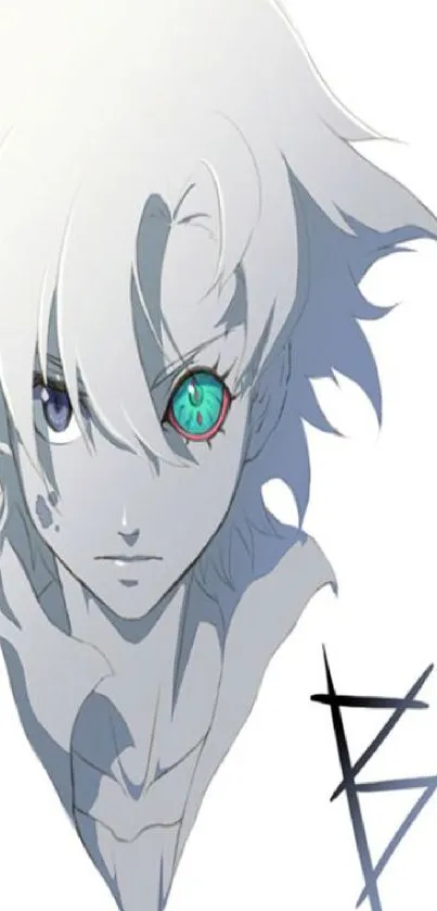 Anime character with white hair and striking eyes in a minimalistic style.