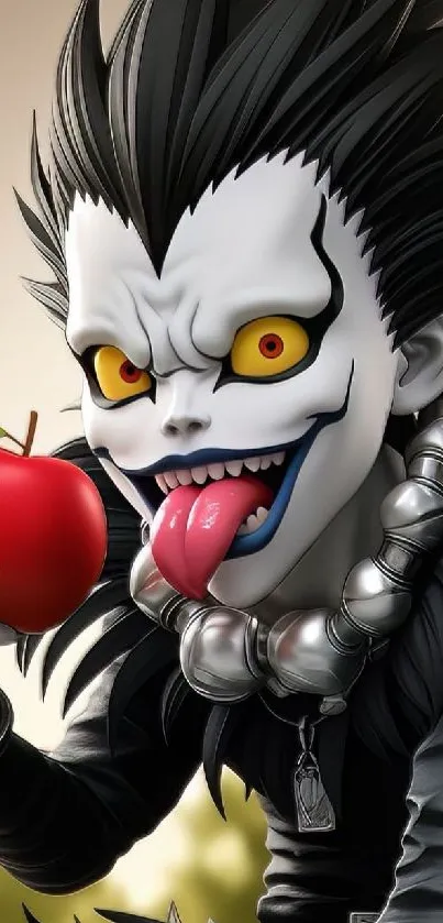 Animated character holding a red apple, vibrant and dark themed wallpaper.