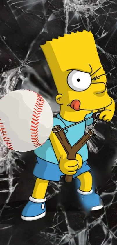 Animated character with baseball and shattered background.