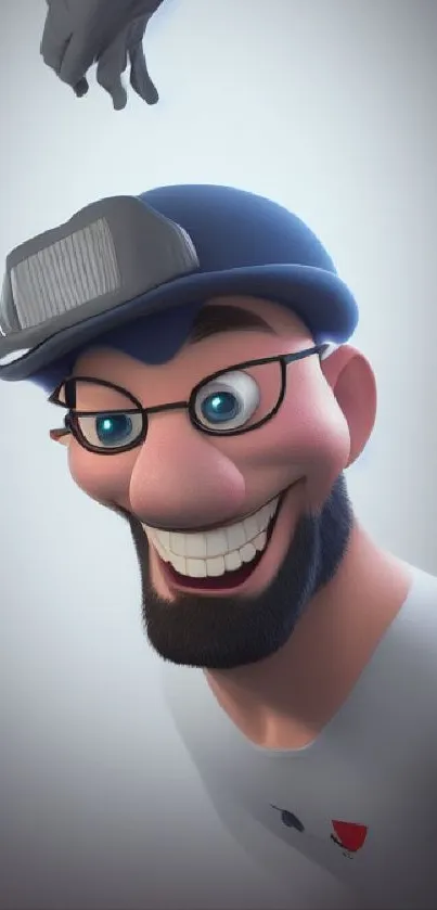 3D smiling character with glasses and blue hat, quirky animated wallpaper.