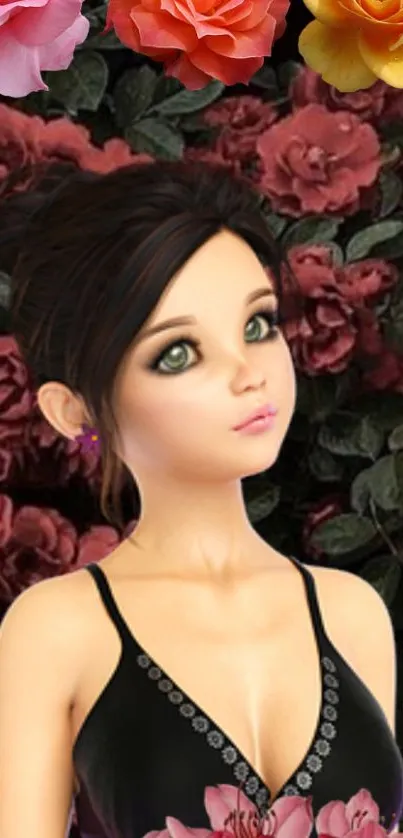 Animated character with dark hair and roses in a floral setting.