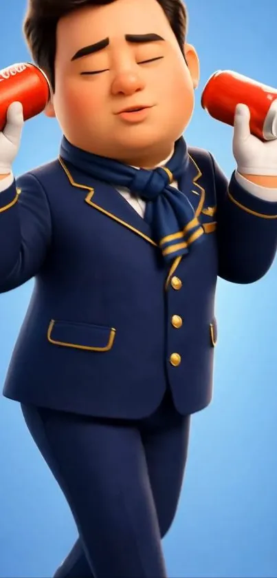 Animated character in blue suit holding soda cans