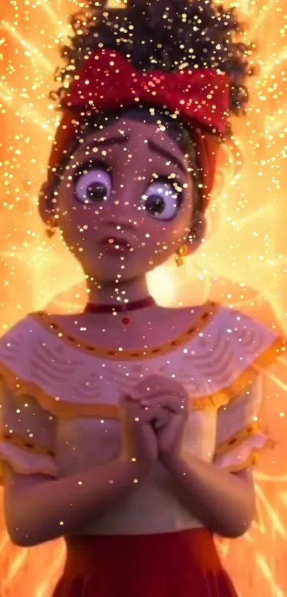 Animated character in a glowing orange doorway background.