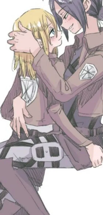 Anime-style artwork of two characters embracing in tender moment.