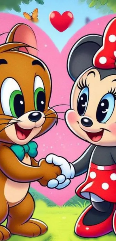 Animated characters shake hands with a heart backdrop.