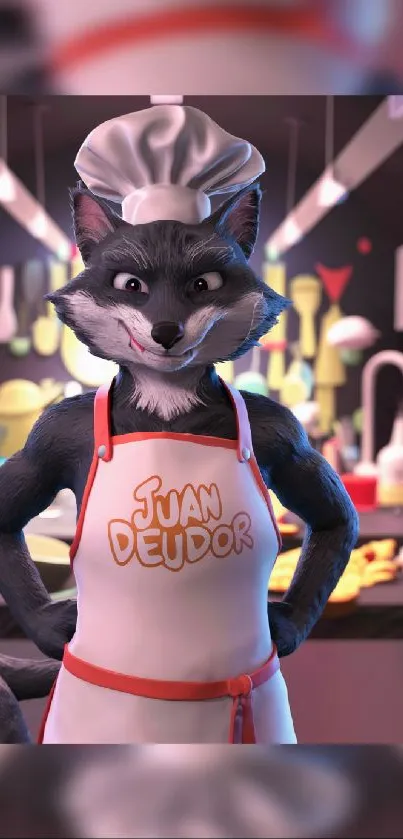 Animated raccoon chef in vibrant kitchen wallpaper.