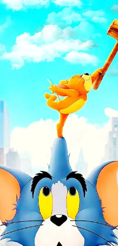 Cartoon duo in city with sky blue background.