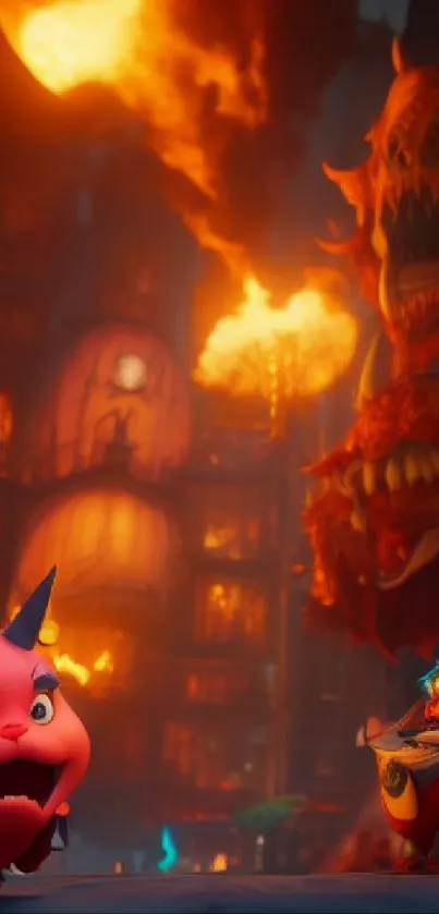 Animated fiery cityscape with monsters.