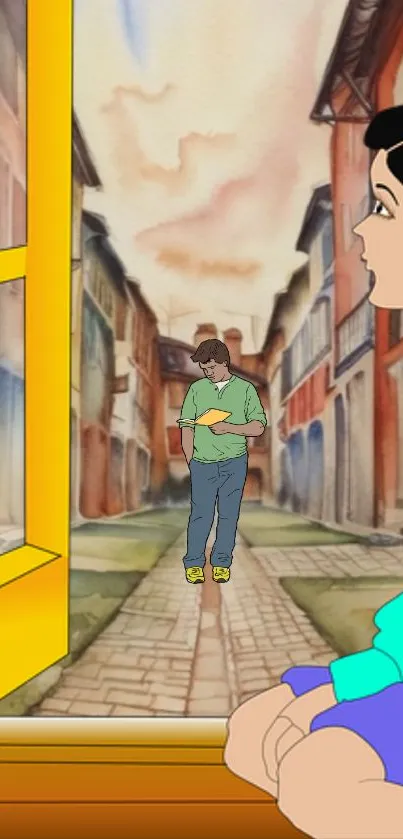 Cartoon window scene with characters in street.