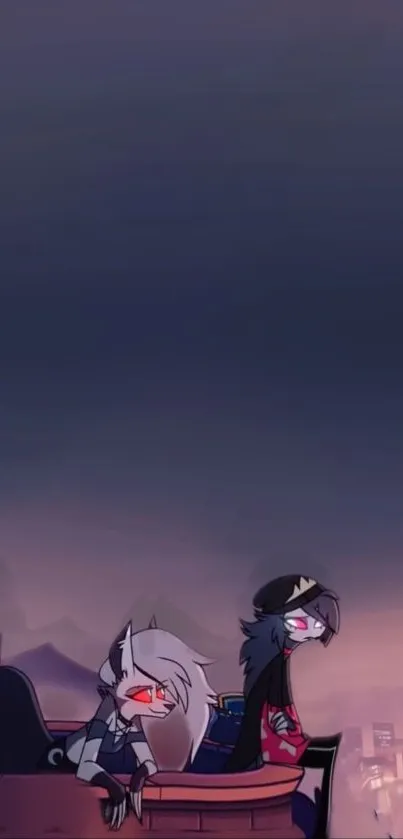 Animated characters atop a cityscape in a mobile wallpaper.