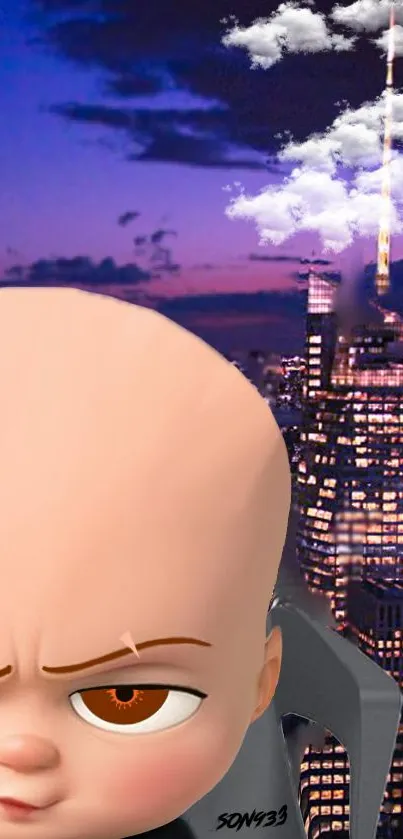 Animated character with a night cityscape background.