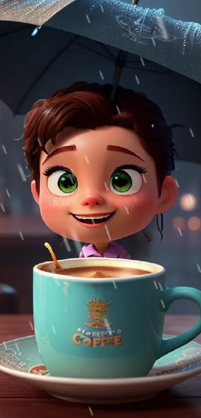 Cute animated character with coffee and umbrella.