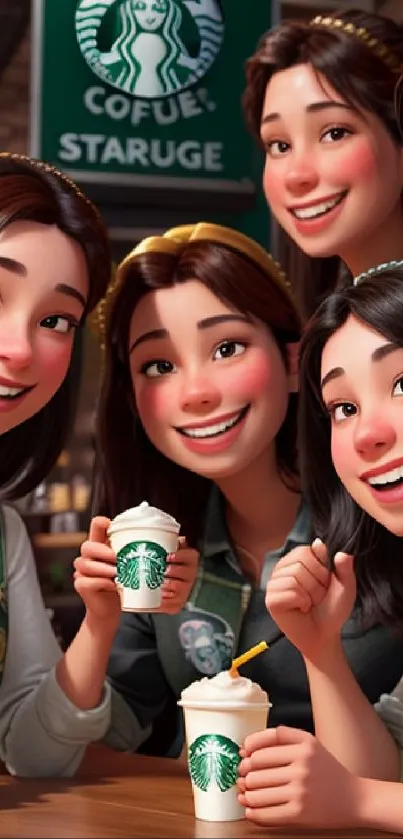 Animated baristas smiling in a cozy coffee shop.