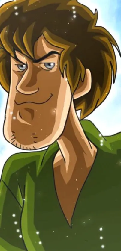 Animated character with green shirt and vibrant background.