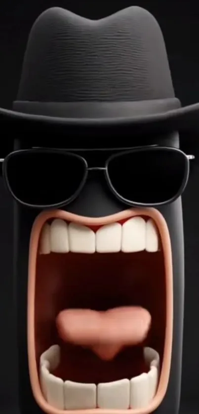 Animated emoji with sunglasses and hat, wide open mouth.