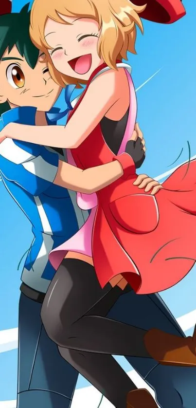 Animated couple embracing with vibrant blue sky background.