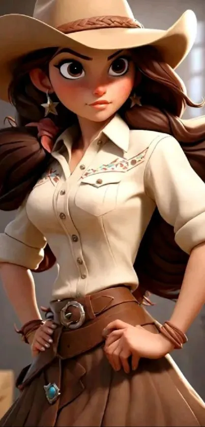 Animated cowgirl character with hat in a vibrant pose.
