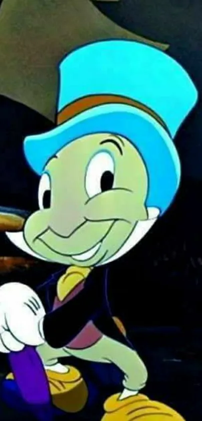 Animated cricket character with blue hat.