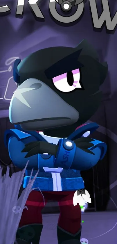 Animated crow character with blue jacket on dynamic mobile wallpaper.