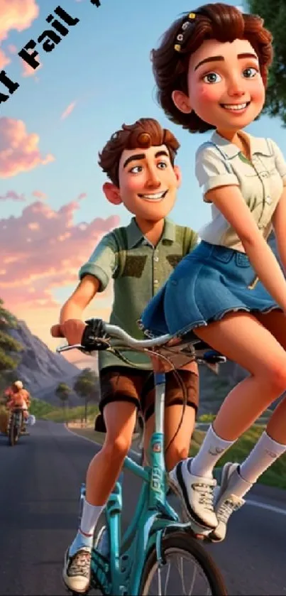 Animated characters biking on a colorful road.