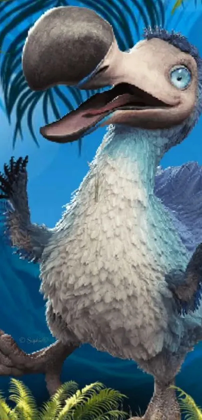 Animated dodo bird in a vibrant tropical jungle setting.