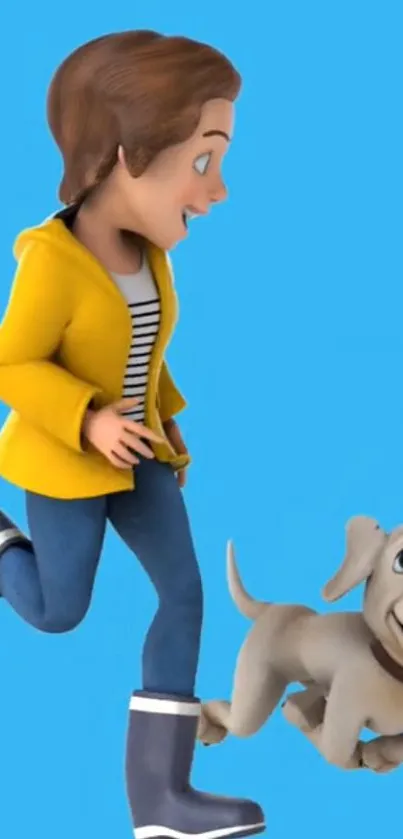 Animated girl and puppy running joyfully on a blue background.