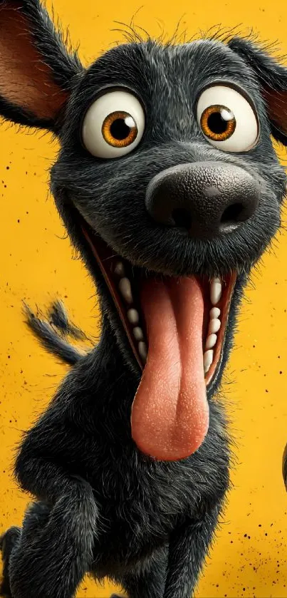 Animated black dog with large eyes on a vibrant yellow background.
