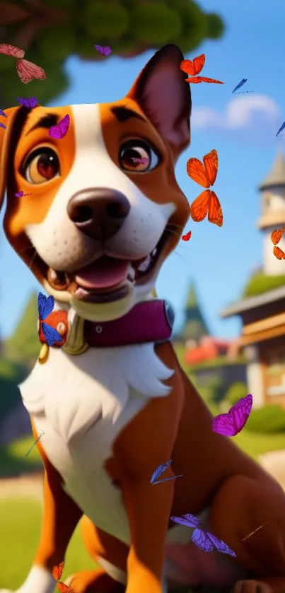 Cute animated dog with colorful butterflies.