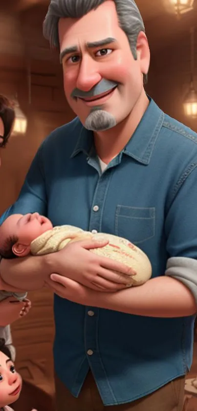 Animated grandfather lovingly holding a newborn in a family setting.