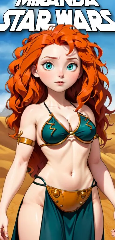 Fantasy character with vibrant red hair in a desert landscape.