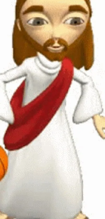 Cartoon character holding a basketball in white robe with red sash.