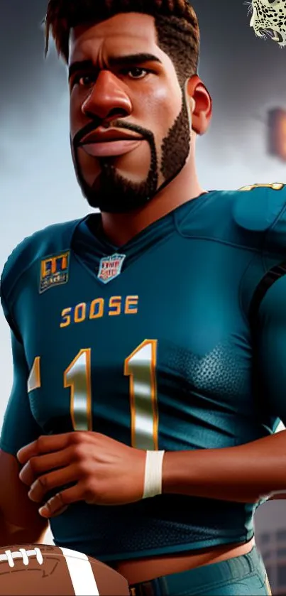 Animated football player in teal jersey holding ball.