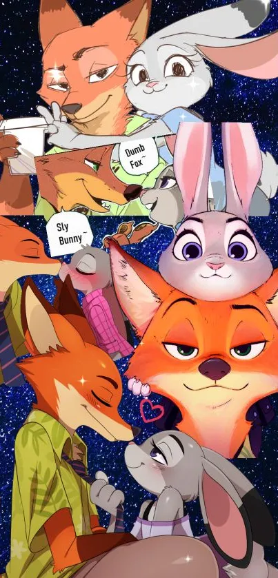 Fox and rabbit animated duo on a cosmic background wallpaper.