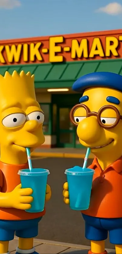 Two animated characters at Kwik-E-Mart