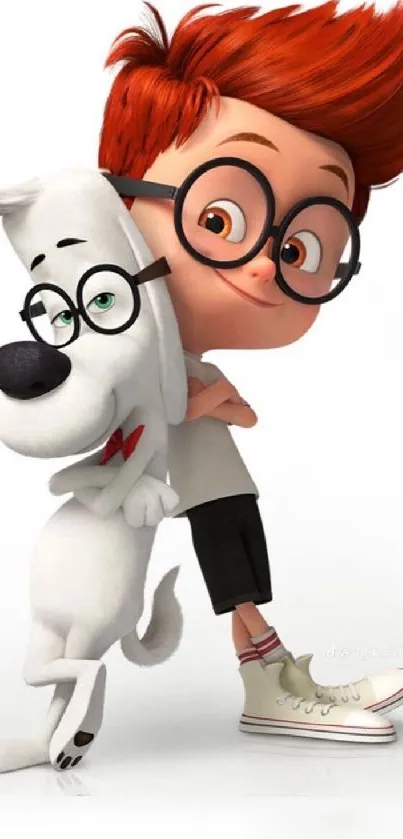 Animated boy and dog with glasses sharing a playful pose.