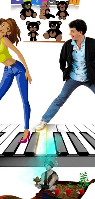 Animated couple dancing on colorful piano keys with teddies.