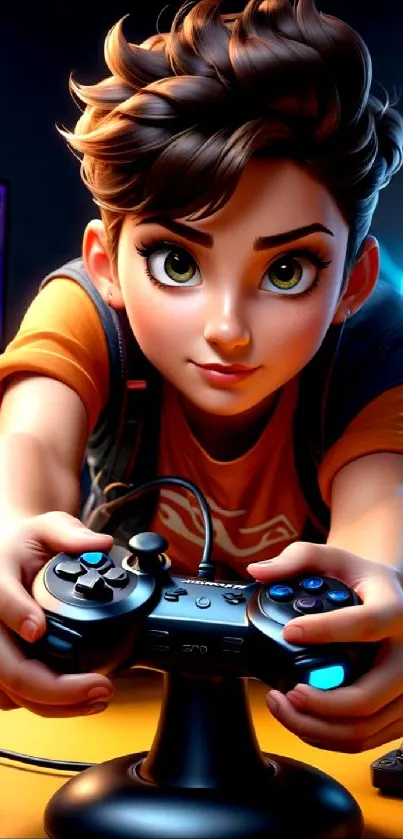 Animated girl with gaming controller in dynamic setting.