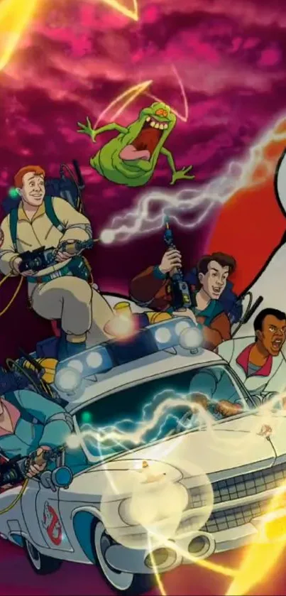 Animated Ghostbusters team in action with Ecto-1 car and supernatural elements.