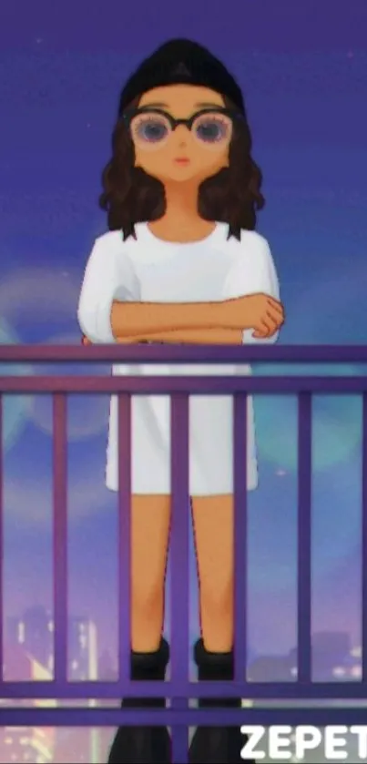 Animated girl on a balcony with a purple city background.