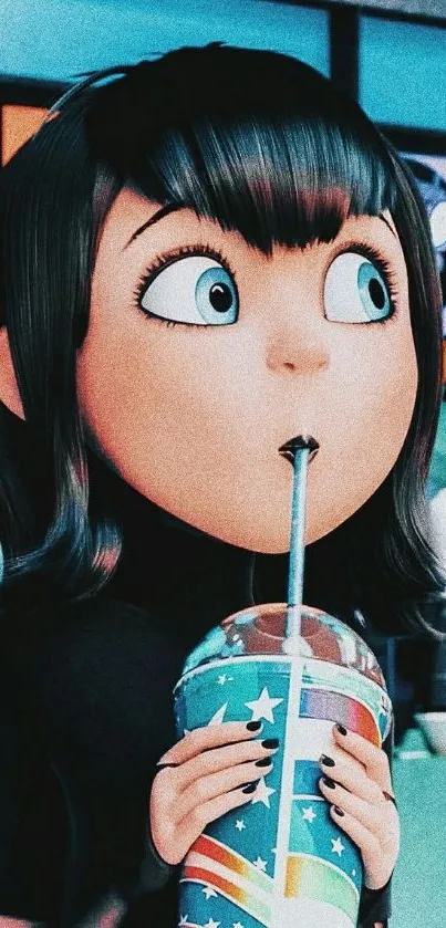 Animated girl enjoying a colorful drink with a vibrant background.