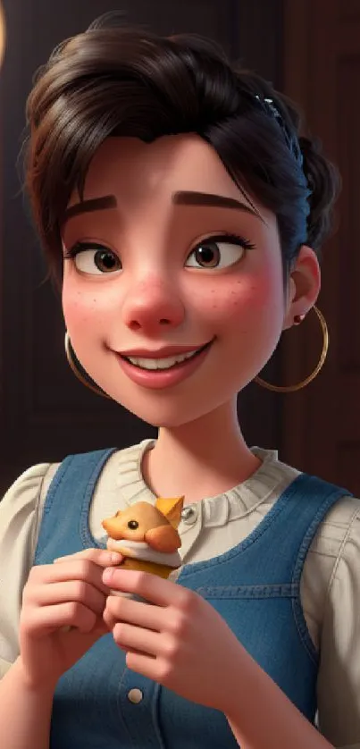 Charming animated girl holding a toy mouse in a warmly lit wooden room.