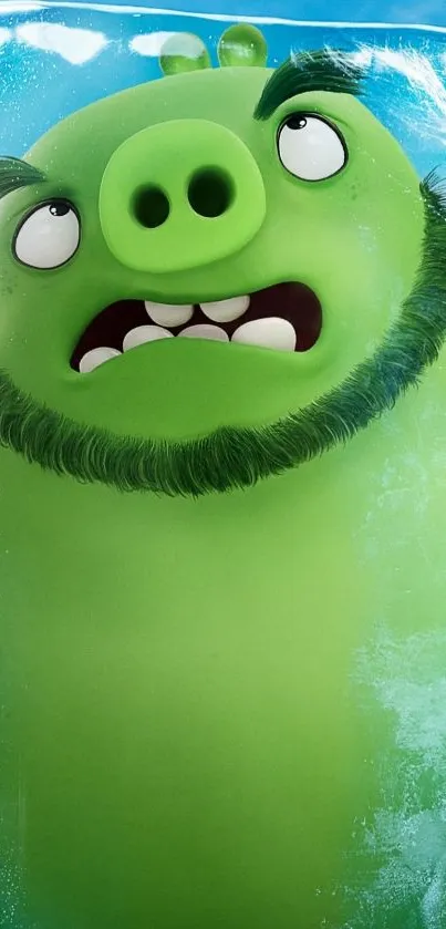 Cartoon green pig character in ice.