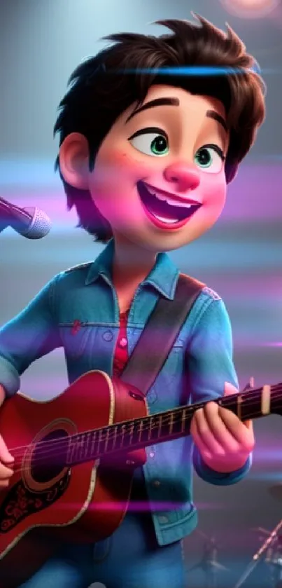 Joyful animated guitarist on stage with a vibrant background.