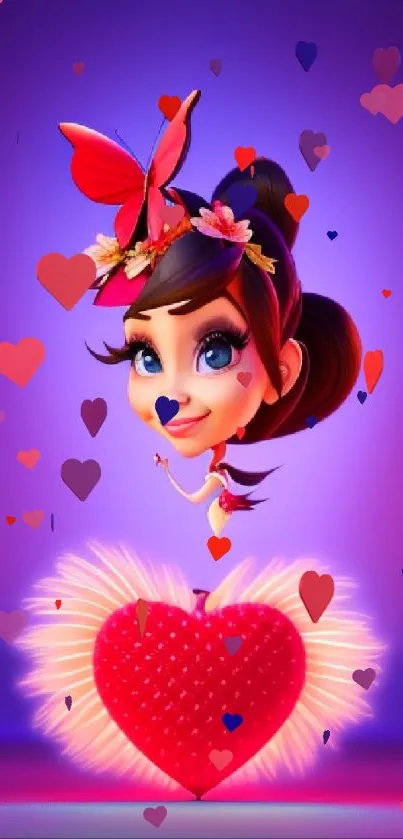 Whimsical fairy above a luminous heart on a purple background.