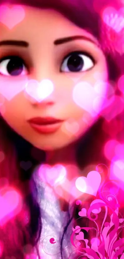 Animated character surrounded by pink hearts in a whimsical, glowing design.