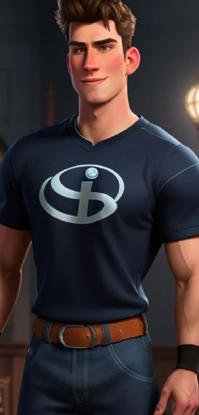 Animated hero character in navy blue shirt wallpaper.