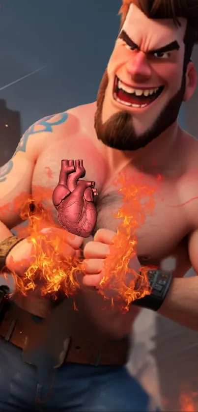 Animated hero with flaming heart in an intense, fiery scene.