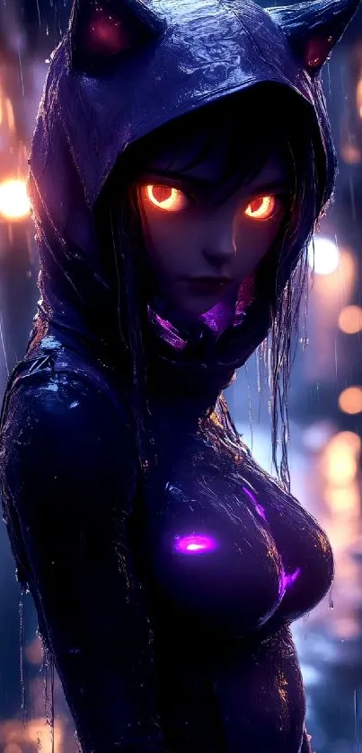 Anime character with glowing eyes in the rain.