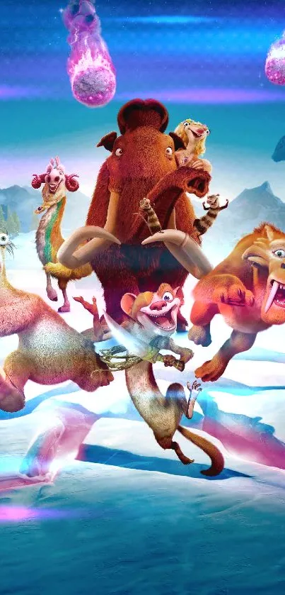 Animated ice age adventure with characters and blue sky.