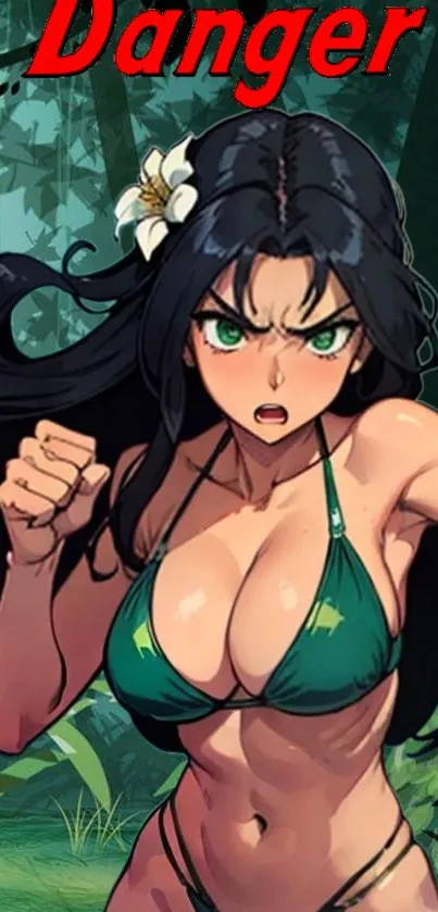 Animated warrior in jungle setting with intense expression.